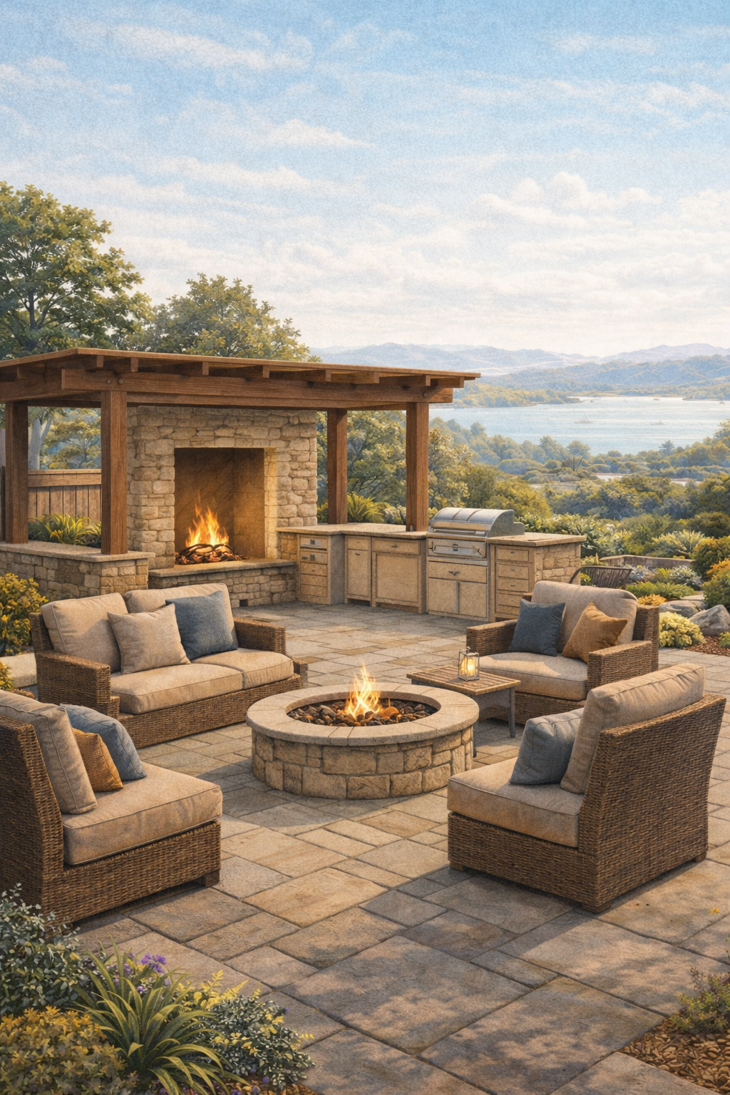 Outdoor patio with fire pit and comfortable seating